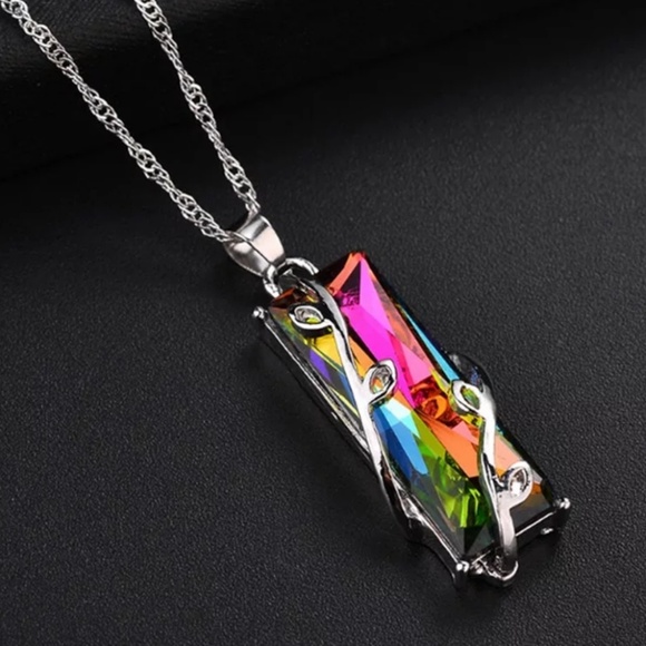 CRYSTAL GLASS NECKLACE Rainbow Silver Long Chain - Picture 1 of 6